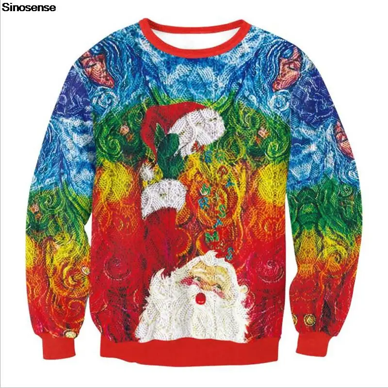 

Свитер Рождественский для мужчин и женщин, свитшот с круглым вырезом и смешным 3D рисунком Санты, Осень-зима, праздничные искусственные джемперы