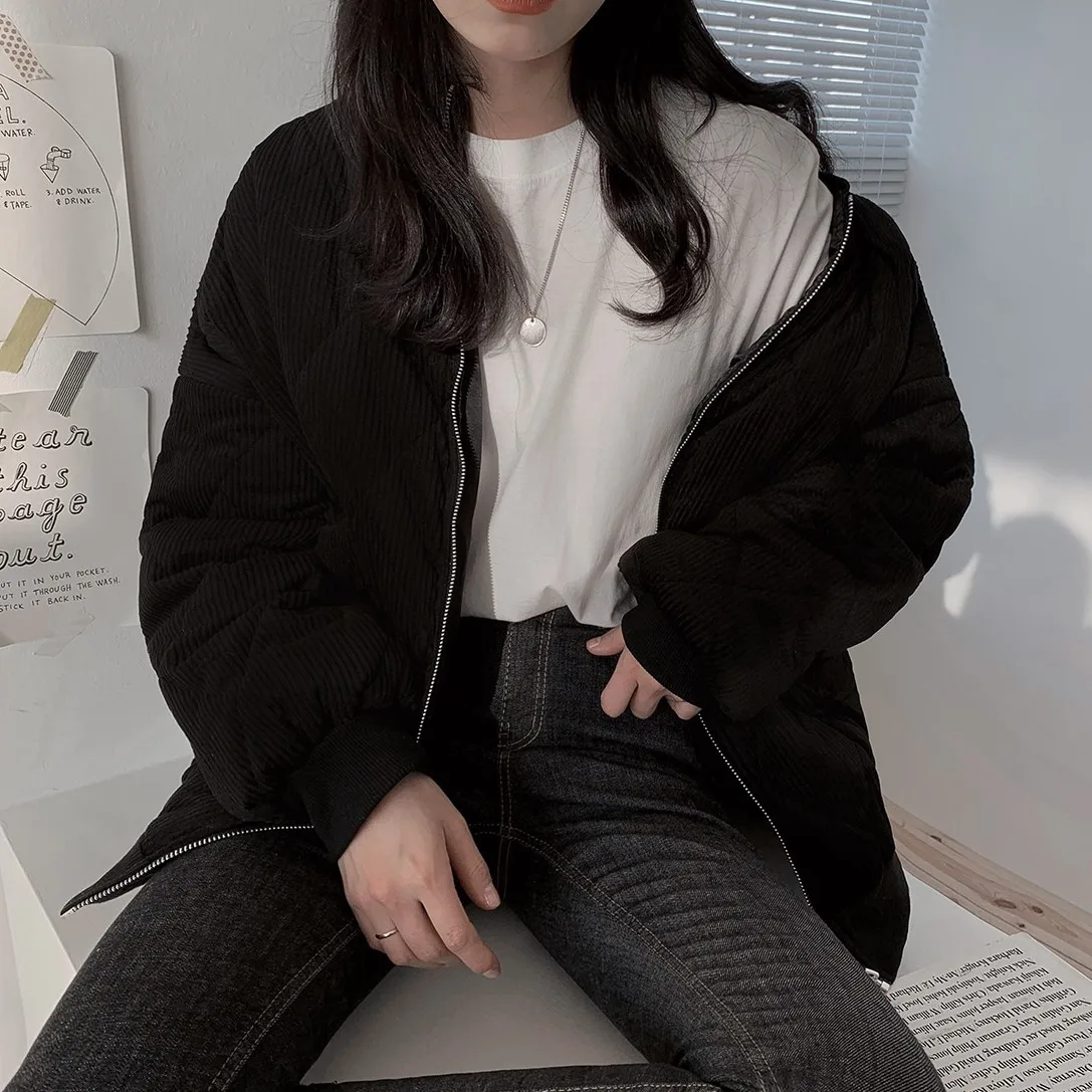 Women 2023 New Corduroy Cotton Jackets Spring Autumn Causal Windbreaker O Neck Basic Jackets Coats Zipper Loose Famale Oversized