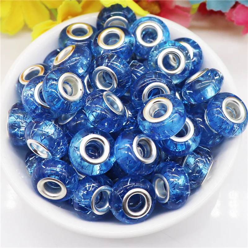 

10Pcs 14x8mm Blue Color Glitter Resin Beads Muranos Charms Round Loose Large Hole European Beads for DIY Bracelet Craft Jewelry