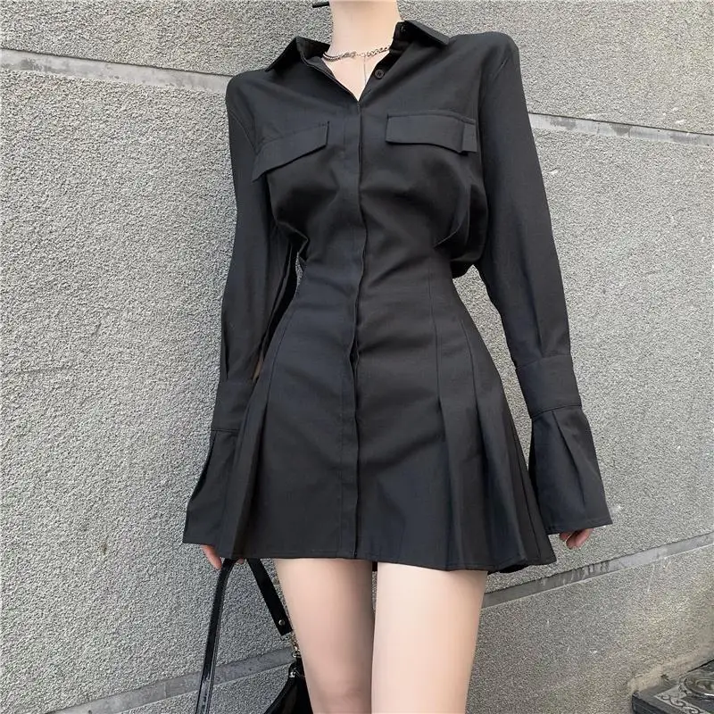 

Elegant Vintage Black Gothic Shirt Dress Women Sexy Streetwear Turn-Down Collar Pleated Mini Dresses Female Long Sleeve Dresses