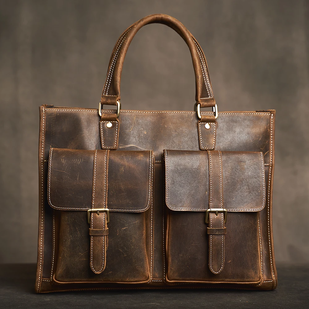 

Genuine Leather Handbag Vintage Large-Capacity Briefcase Business Man Cowhide Briefcase Leather Business Trip Computer Bag
