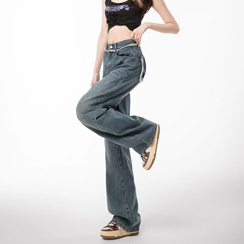 Fashion Versatile Straight Trousers Light Color Jeans Women'S Spring Summer New High-Waisted Color Contrast Wide Leg Pants