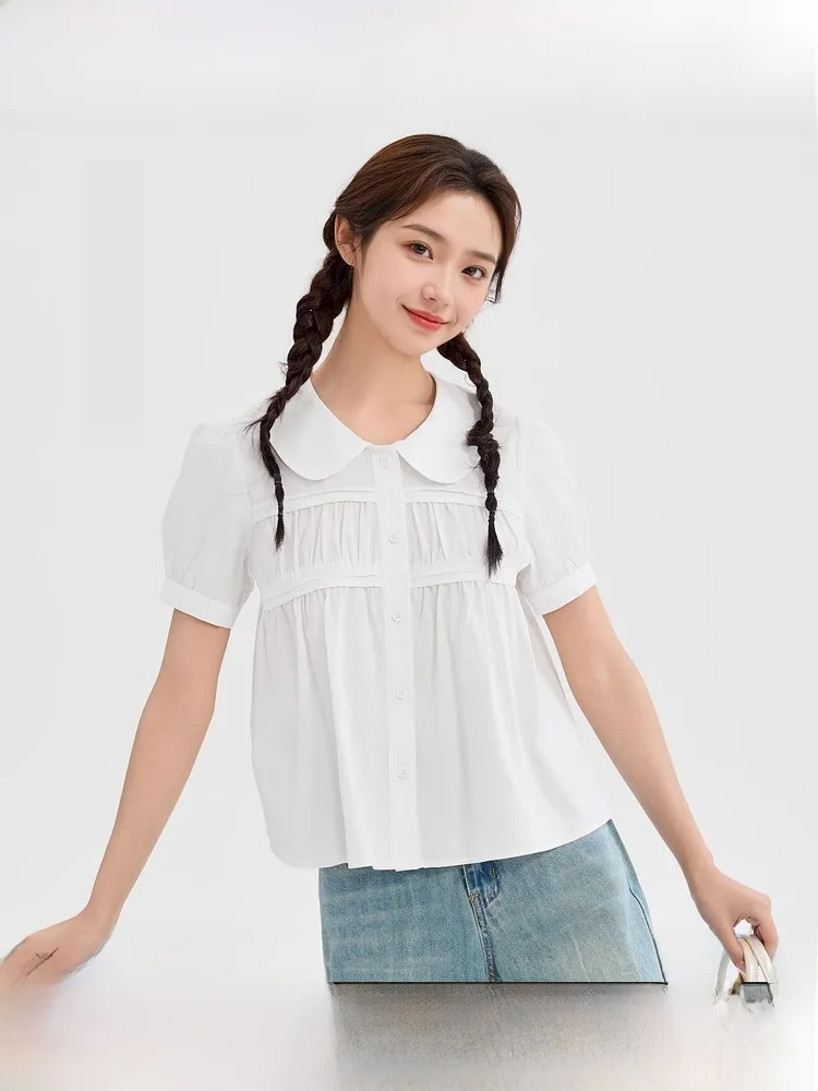Рубашки Sanfu с короткими рукавами новинка 2024 летняя одежда кукольным воротником