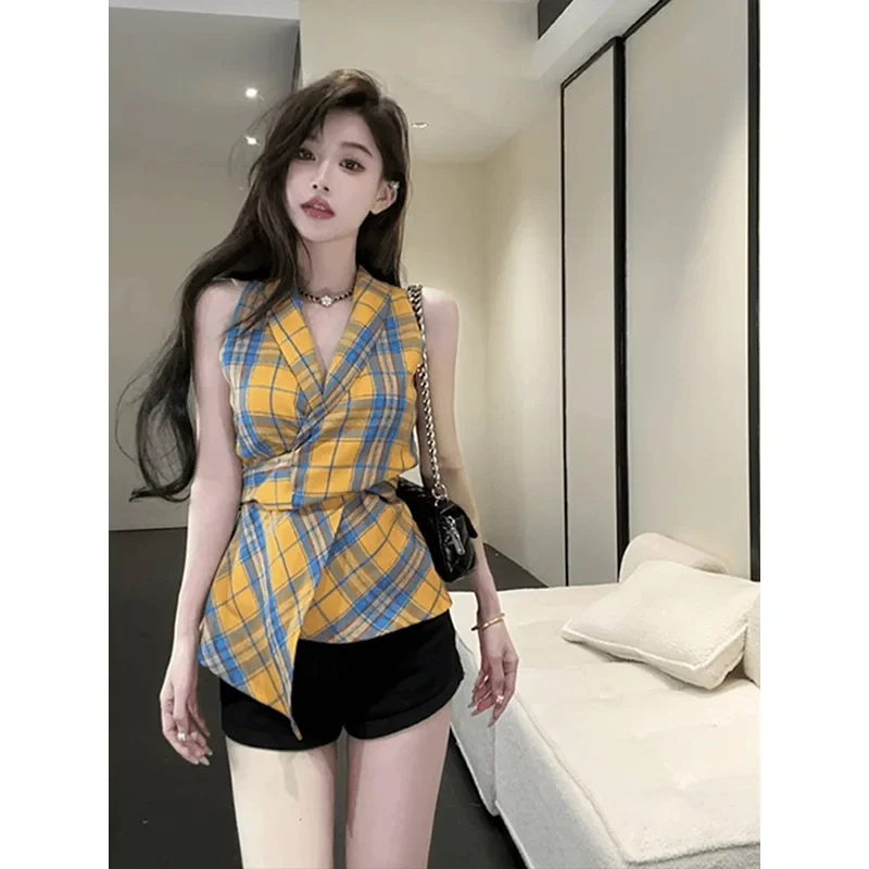 Новинка лета 2024 винтажный клетчатый Женский приталенный Универсальный