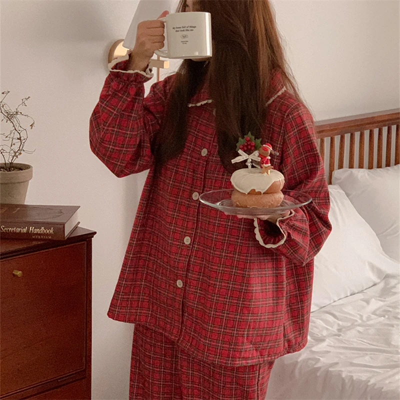 

Пижама женская клетчатая, хлопковый комплект с двубортным рядом брюк, рубашка в Корейском стиле, домашний костюм для пар и пар, винтажный ко...