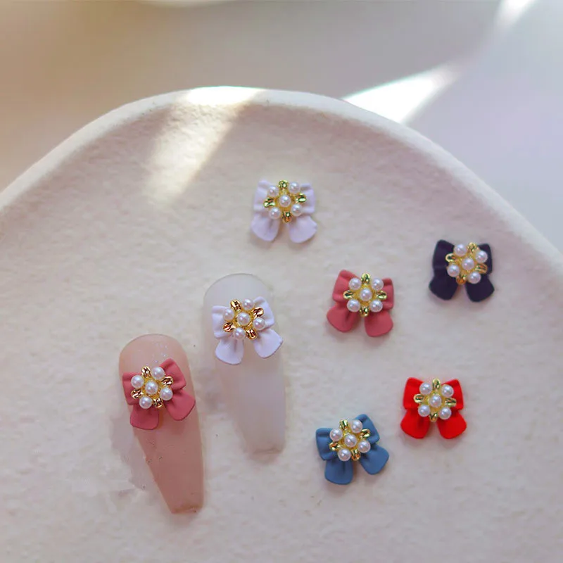 

5pcs Pearl Bowknot Metal Nail Art Charms 8/10mm Versatile Texture Bow 3D Nail Decora Glitter Alloy Nail Supply DIY Manicure Tips
