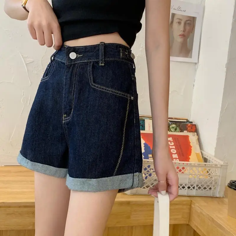 High Waist Dark Blue Wide Leg Pants Summer New Loose Patchwork Versatile Shorts Korean Casual Fashion Women Clothing
