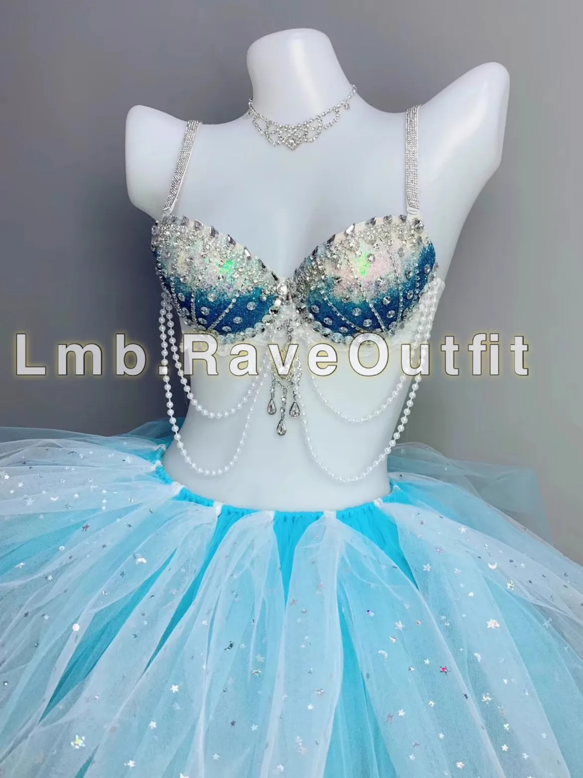 Топ с бахромой и жемчужинами блестками градиентом синего цвета + юбка-пачка