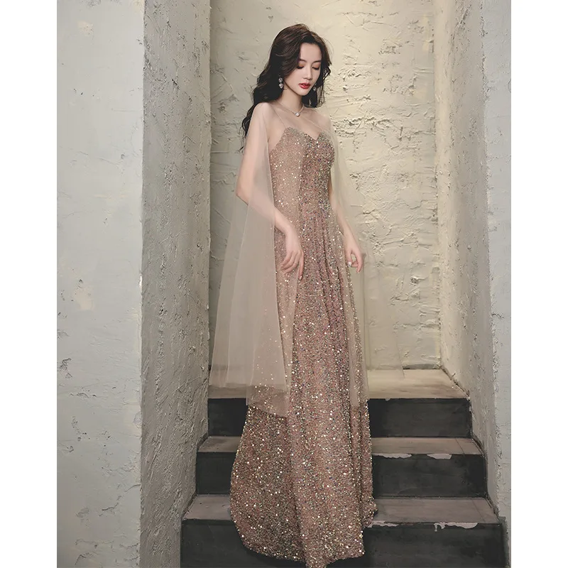 

French Style Sequins Evening Dress With Tulle Shawl Women 2023 Temperament Spaghetti Strap Prom Gown Long Cocktail Party Vestido