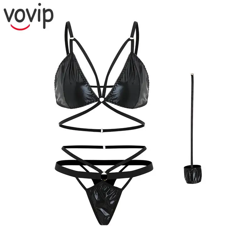

Solid Sexy Leather Lingerie Set Halter Neck Bondage Cage Bra Women's Underwear Erotic Hollow Out Bra Lingerie Sexy Adult Costume