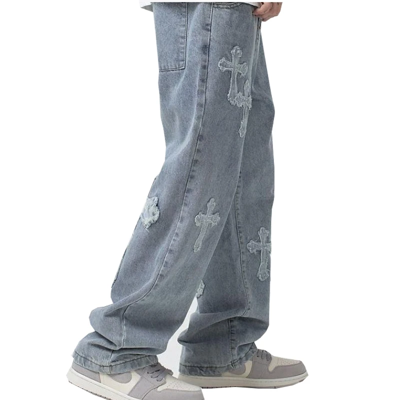 2022 Y2K Men jeans European and American high street cross embroidery hip-hop tide brand straight loose wide-leg pants trousers