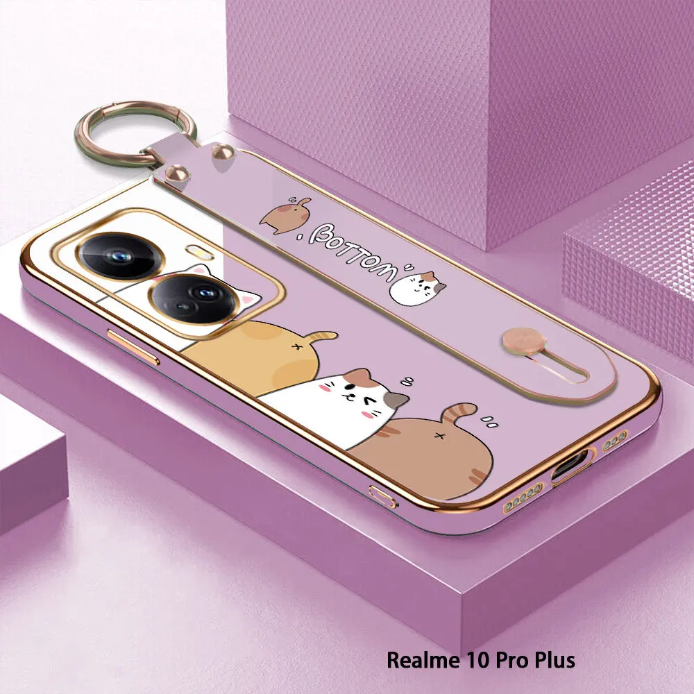 

(With Wristband) For Realme 11 Pro Plus 5G Cartoon Cat Cover Case Luxury Plating TPU Phone Cases For Realme 10 Pro Plus 5G