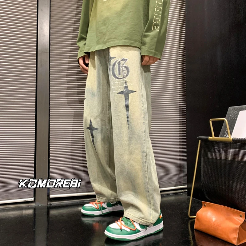 OEIN 2022 Vintage Men's Korean Denim Pants Y2K Cltohes Streetwear Printed Patchwork Male Baggy Jeans Straight Trousers For Men