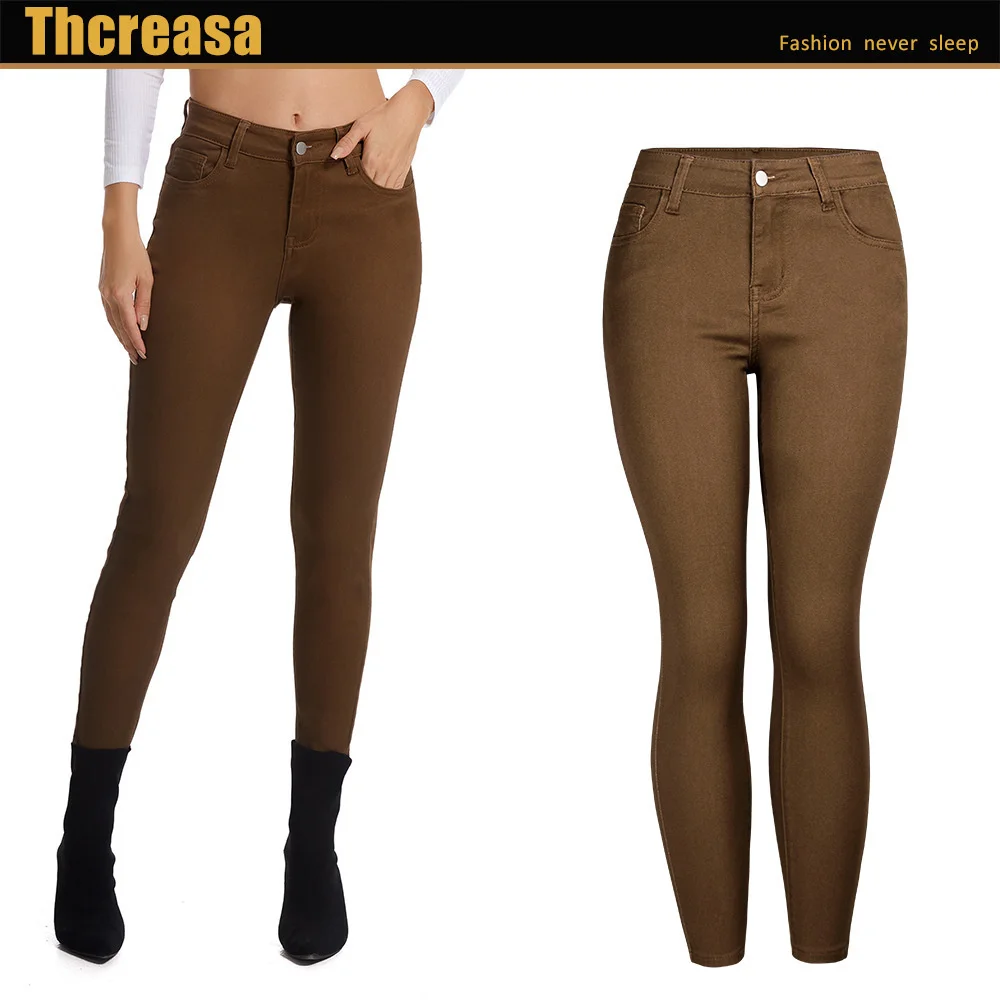 

2023Hot Jeans Spring Women's New Pencil Pants High Elastic Brown Slim Casual Cropped Leggings
