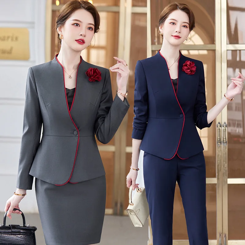 IZICFLY New Style Fall Spring Gray Elegant Blazer Pant Sets Office Work Wear Professional Business Slim Women Two Piece Outfit