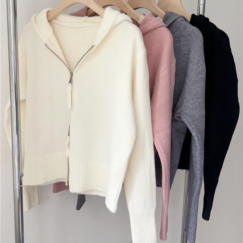 

Кардиган на молнии с капюшоном, модные вязаные кардиганы в Корейском стиле, элегантные женские короткие розовые топы на осень и зиму