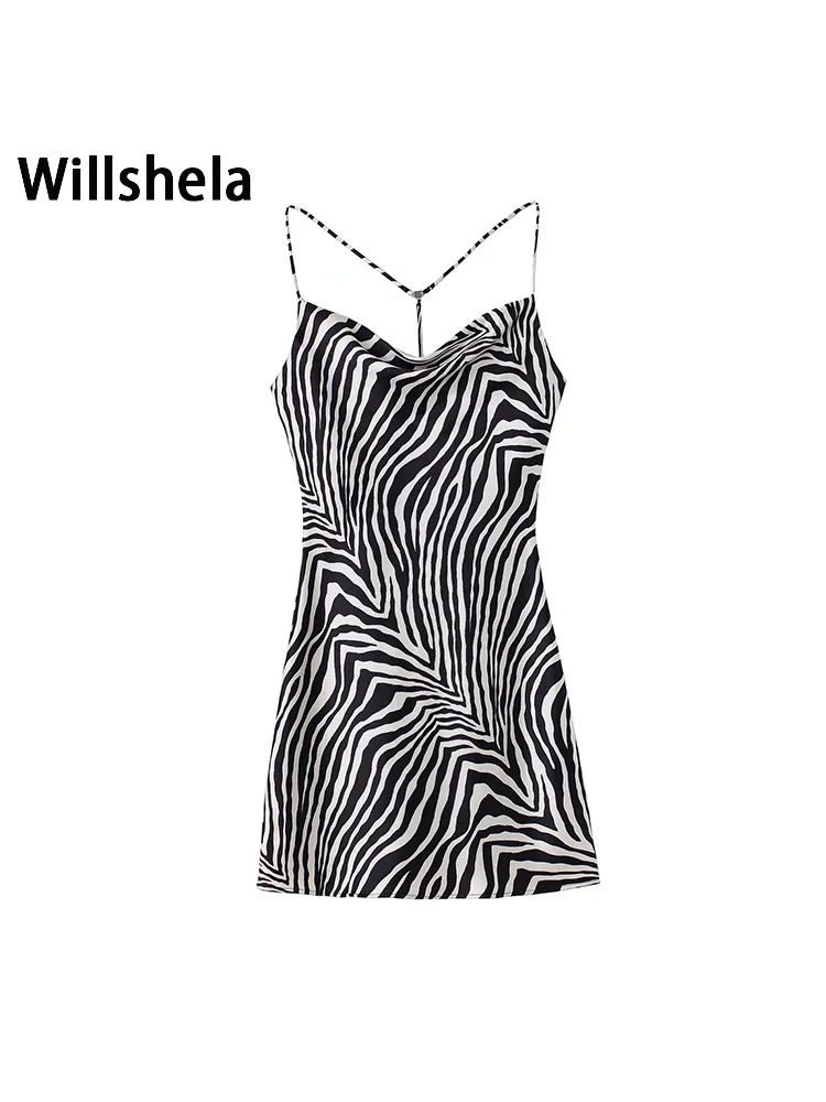 

Willshela женское модное мини-платье с принтом и открытой спиной, винтажное тонкое платье на бретельках с лямкой на шее, женское шикарное платье ...