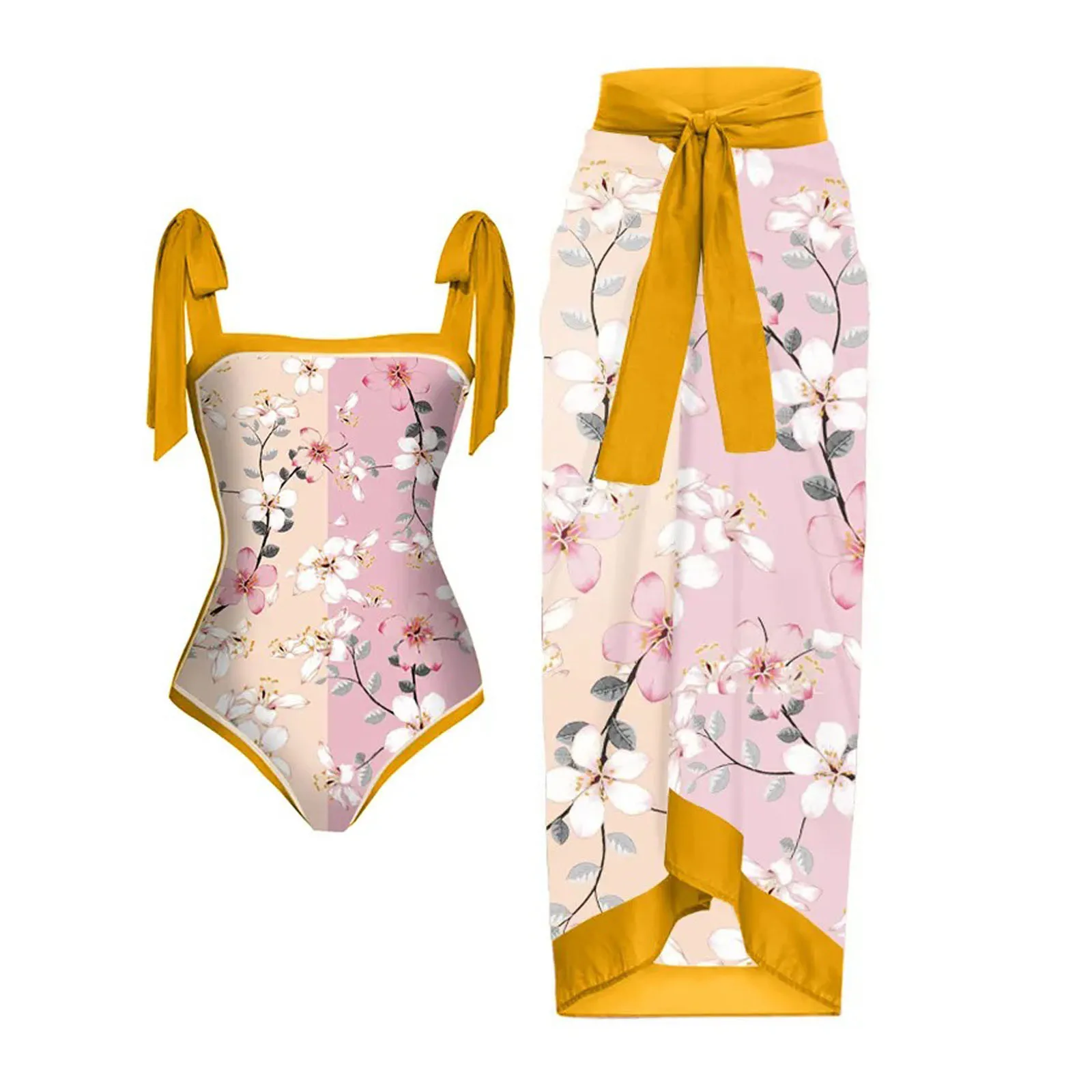 

Women Vintage Colorblock Abstract Floral Print 1 Piece Swimwear+1 Piece Cover UP Two Piece Vintage Print Bikini And Thong