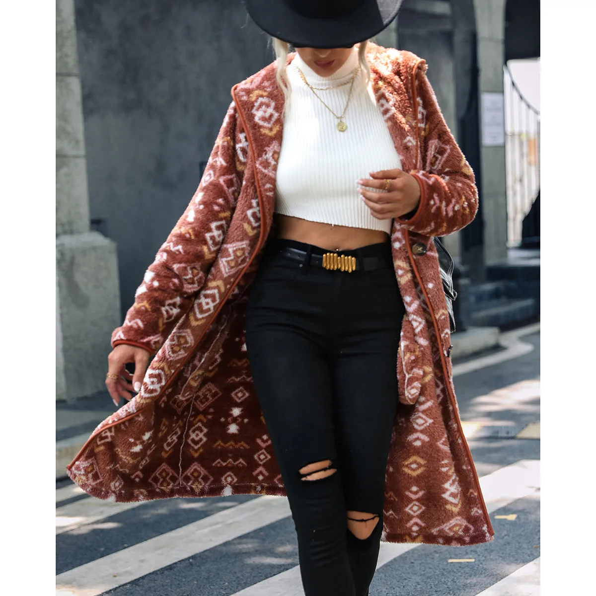 Fashion New Women's Hooded Long Sleeve Geometric Printing Single breasted Extended Regular Plush Coat