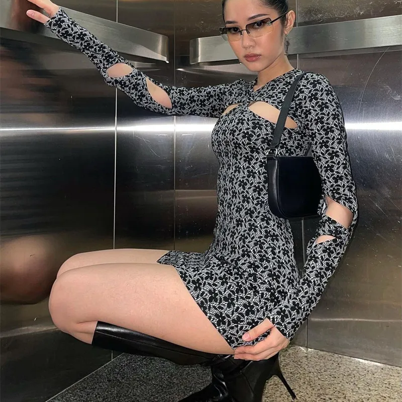 

E-girl Fashion Floral Print Black Cut-out Dress 90s Aesthetics Hollow Out Bodycon Long Sleeve Sexy Mini Dress Clubwear