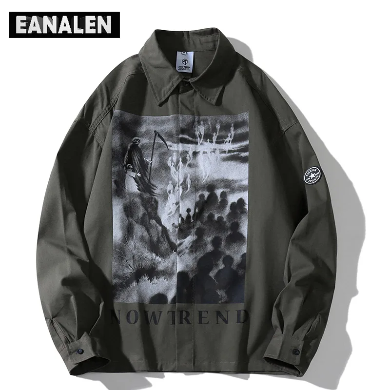 

Harajuku Retro Army Green Social Shirt Men's Oversized Gothic Fashion Trend Casual Demon Casual Skull Shirt Long Sleeve Punk