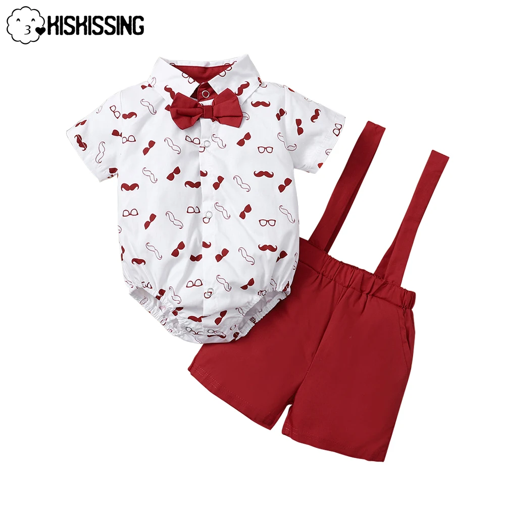 

KISKISSING Baby Boy Clothes Glasses-Print Bow Tie Bodysuit Suspender Shorts Cute Party Birthday Summer Baby Clothing Sets 3-18M
