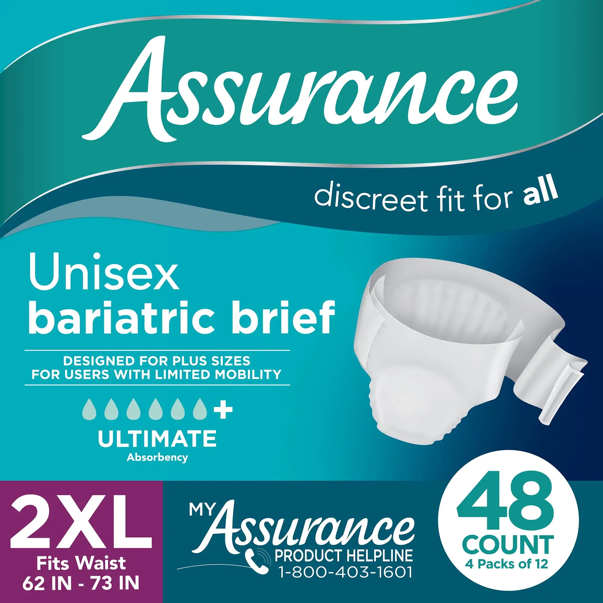 

Assurance Maximum Absorbency Briefs, Unisex, 2XL, 12 Ct, 4 Pks, 48 Total