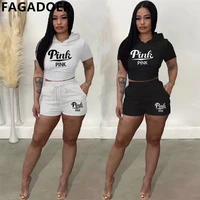 fagadoer 2022 summer sporty casual outfits sets pink letter print back drawstring hoody crop top shorts sets summer tracksuits
