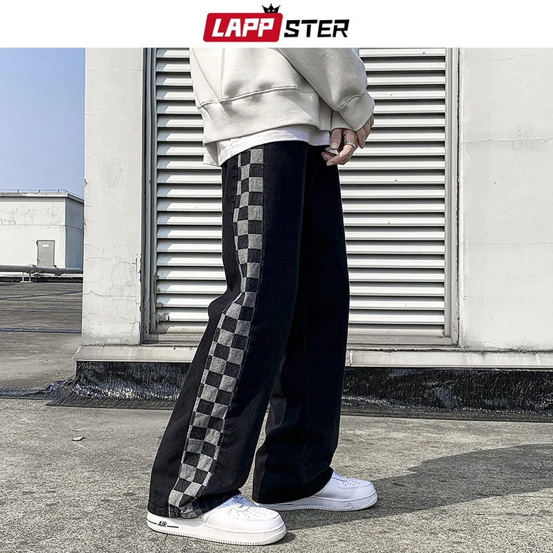 

LAPPSTER-Youth Plaid Y2k Streetwear Baggy Jeans 2022 Side Striped Straight Denim Pants Low Rise Casual Korean Fashions Jeans