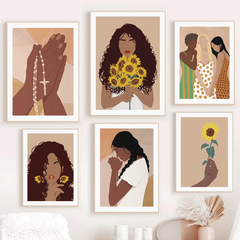 

Boho Abstract Black Woman Umbrella Flower Wall Art Canvas Painting Nordic Posters And Prints Wall Pictures For Living Room Decor