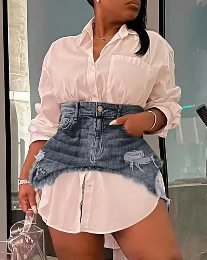 

Casual Long Sleeve Shirt Dress with Ripped Denim Mini Skirt Plain Button Raw Hem Design Daily Fashion Sexy Women's Skirts Sets
