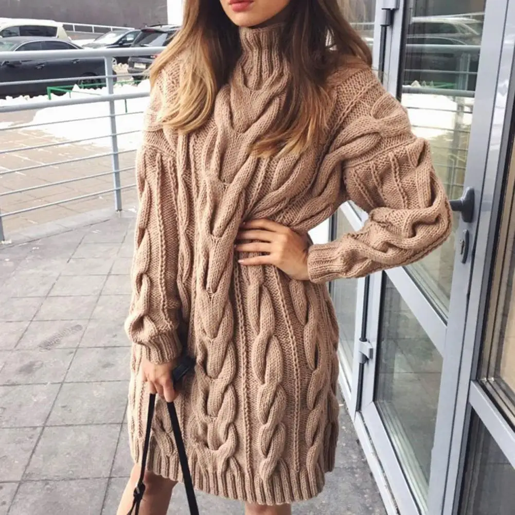 

Lady Sweater Solid Color Warm Knitted High Collar Twisted Long Women Sweater Pullover Top for Work