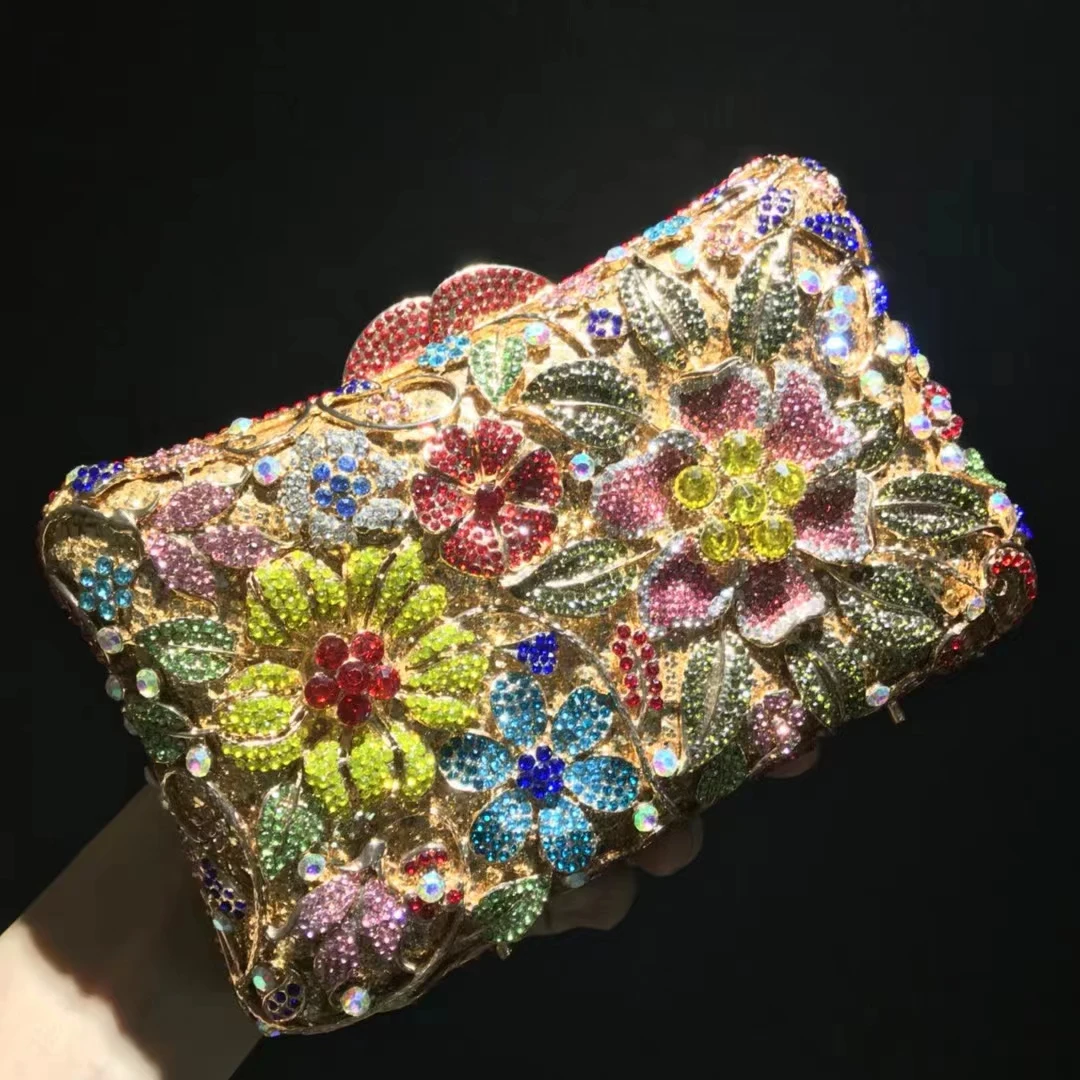

Hollow Flower Women Gold Crystal Evening Clutch Minaudiere Bag Wedding Party Cocktail Diamond Handbag and Purse Stones Clutches