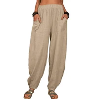 2022 hot cotton linen pants women fashion harem solid color pockets summer temperament loose fitting pants for beach
