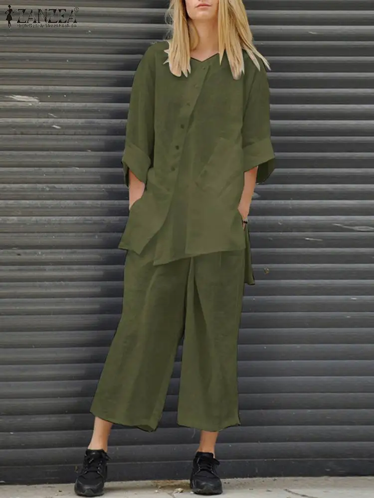

Short Sleeved O-Neck Button Blouse Elastic waist Elastic Elegant Casual Wide Leg Pant ZANZEA Women Solid Color Matching Set