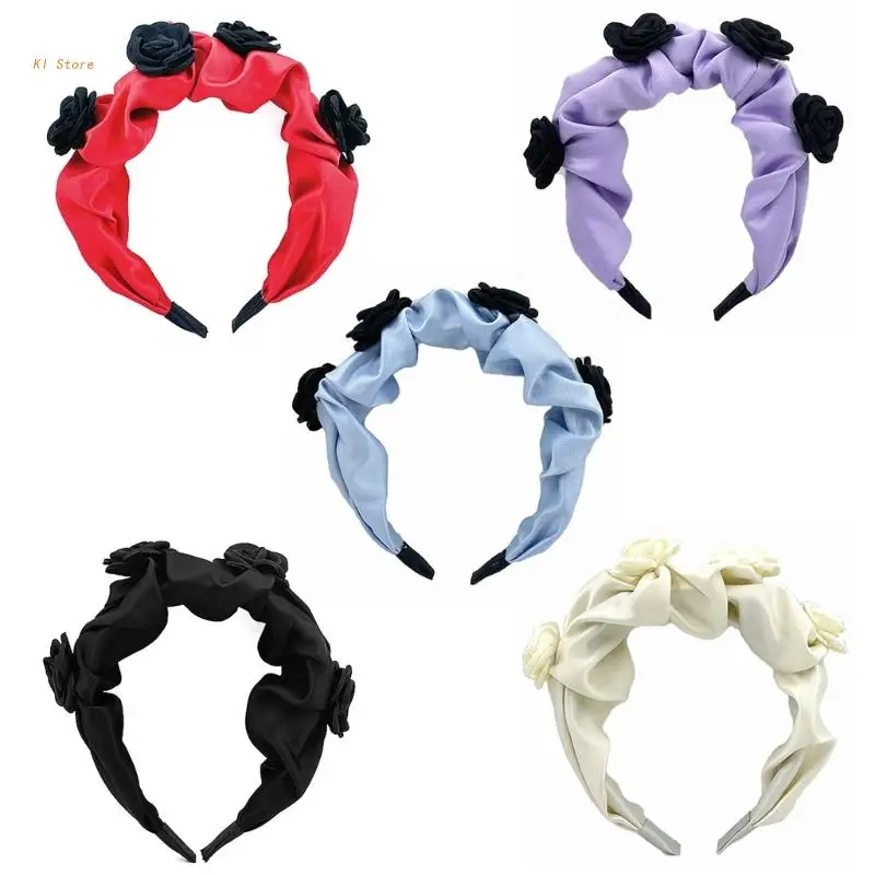 

Female Rose Headband Non-Slip Wide Satin Headband Female Wedding Hairband Cute Hairpiece Girl Headwear Party Accessories