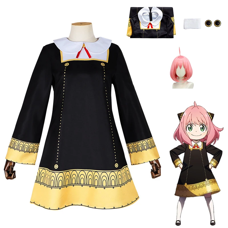 

Anime SPY X FAMILY Anya Forger Cosplay Costume Black Dress Uniform Cute Girls Pink Wig Stockings Party Role Outfit Kids