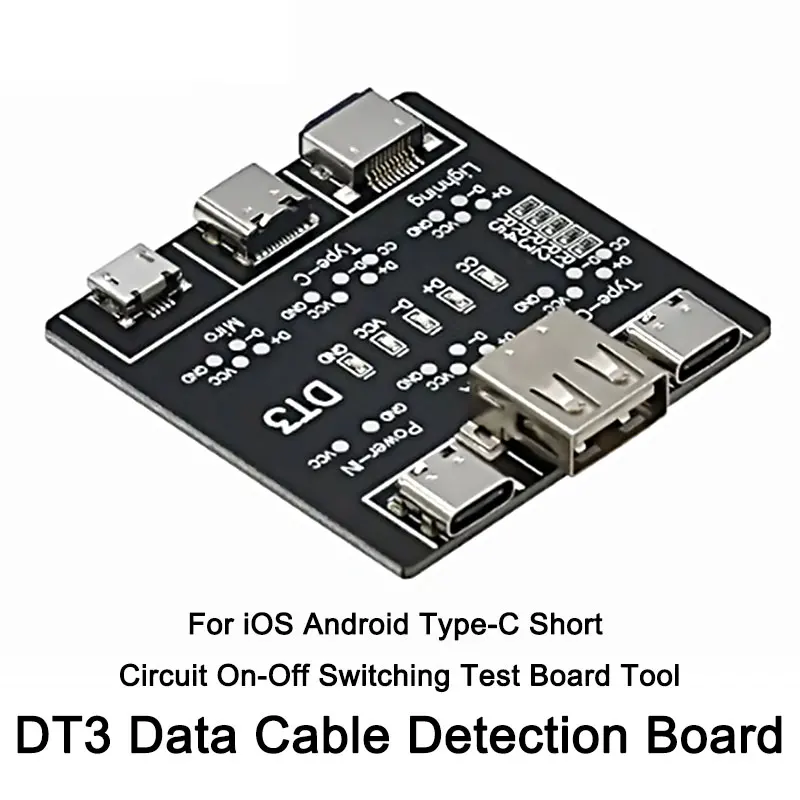 Плата обнаружения кабеля передачи данных DT3, тестер USB-кабеля для iOS Android Type-C, инструмент для тестирования короткого замыкания и выключения