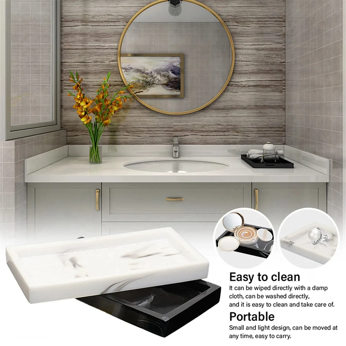 Поднос из смолы с мраморным узором нескользящая прямоугольная тарелка