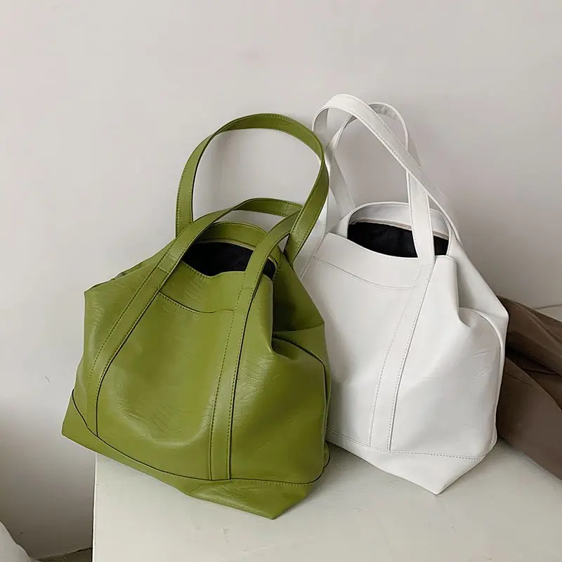 

Trendy Shopping Bag Large Capacity Female Bag Soft Leather Shoulder Bag Fashion Pure Color Handbag 2021 Summer New Female Bag