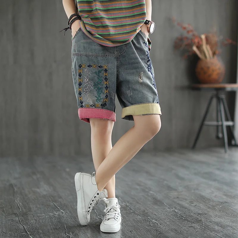 Women Summer 90s Fashion Casual Vintage Floral Embroidery High Waist Denim Shorts Ripped Female Chic Shorts Indie Style Bottoms