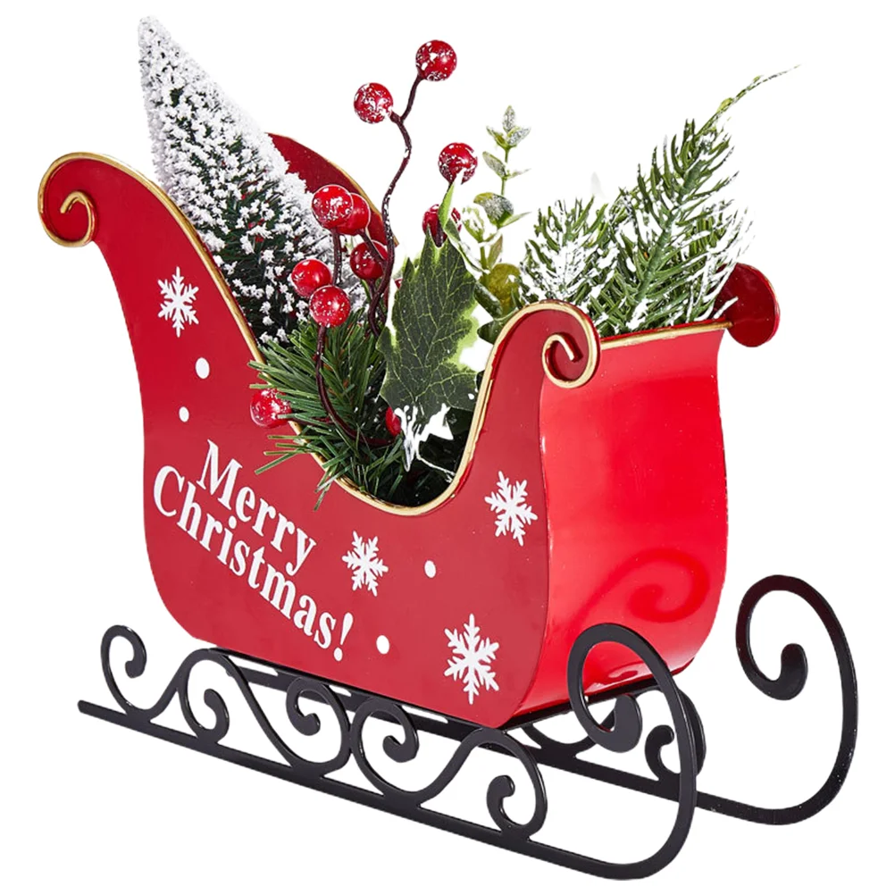 

Metal Christmas Sleigh Centerpieces Xmas Sleigh with Simulation Plant Christmas Decor for Table Top Holiday Home Decorations