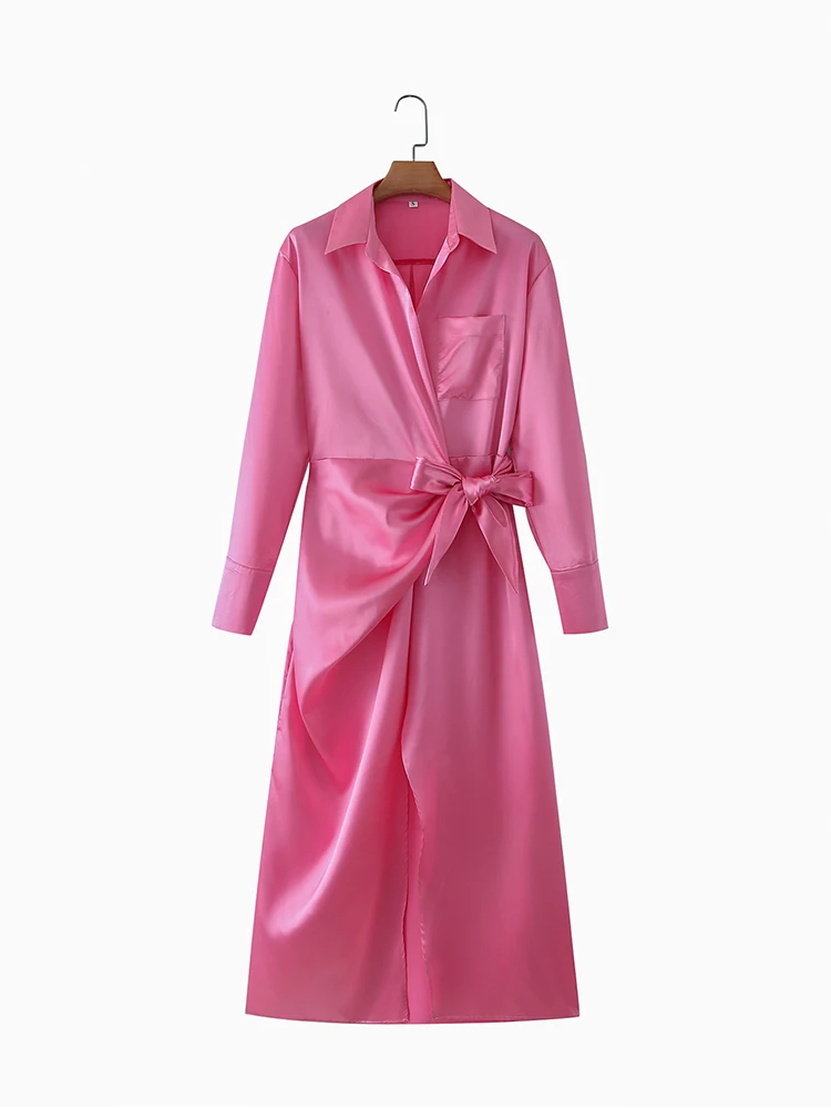

Women Long Sleeve Pink Satin Shirt Dress 2022 Spring Autumn V-neck Bow Strappy Slim Long Dresses