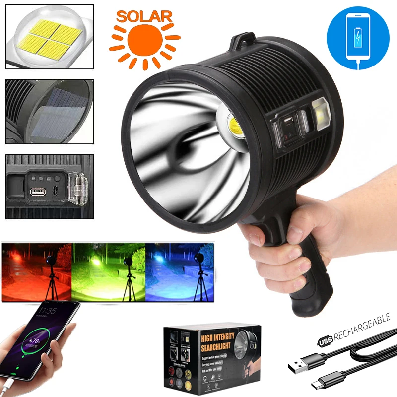 Super Powerful Portable Solar Red+Blue+Yellow Searchlight Led Flashlight Spotlight Type-C Charging Output Torch Hunting Outdoor