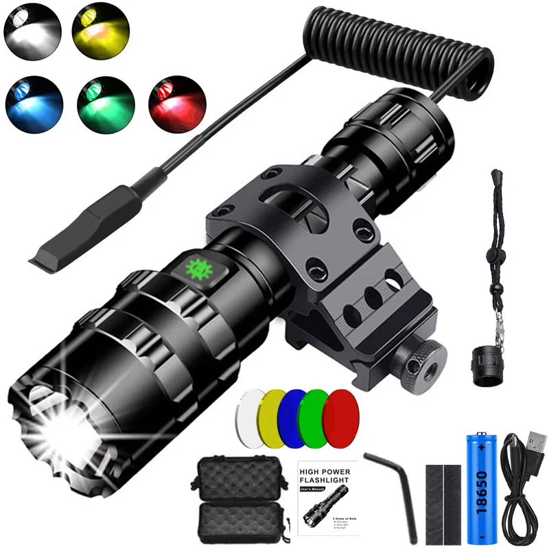 Tactical Flashlight 100000LM USB Rechargeable Torch Waterproof Powerful Hunting Light with Clip Hunting Shooting Gun Accessories