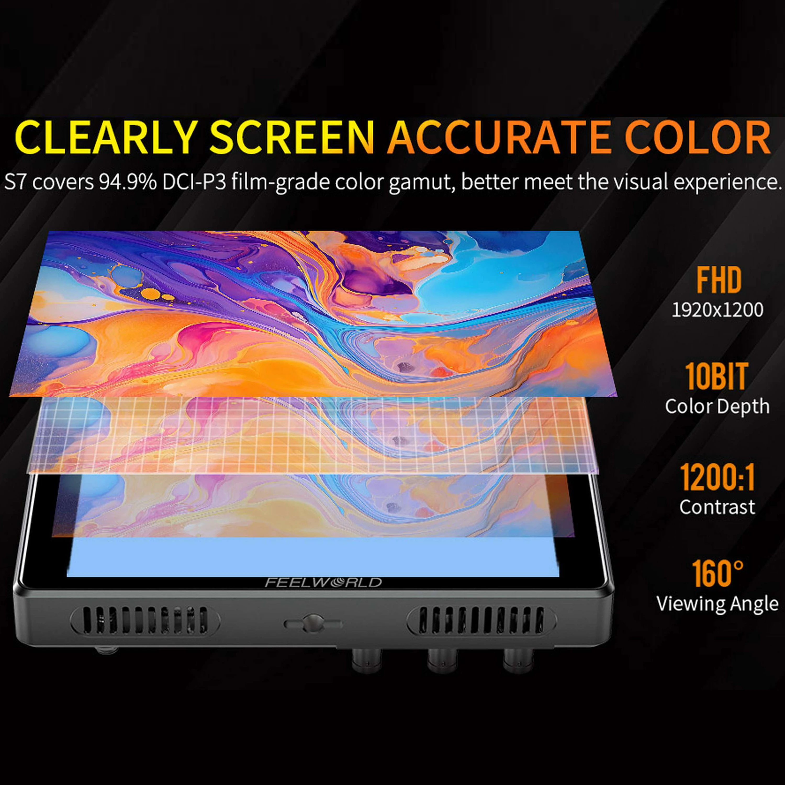 Фото FEELWORLD S7 Монитор камеры 7-дюймовый сенсорный экран 1600 нит 12G-SDI HDMI Яркий полевой монитор OEM Прямая продажа с фабрики №4