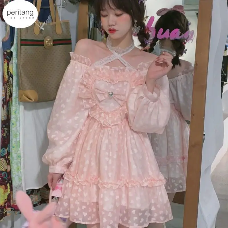 

Осеннее розовое милое платье в стиле "Лолита", женское японское милое сказочное мини-платье, женское корейское кружевное милое платье принцессы с лямкой на шее, женское платье