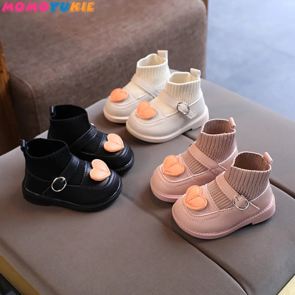 Winter Soft Bottom Ankle Boots Plush Warm Snow Boots Kids Sock Shoes Love Heart Baby Girl Shoes Casual Knitted Infant Walkers