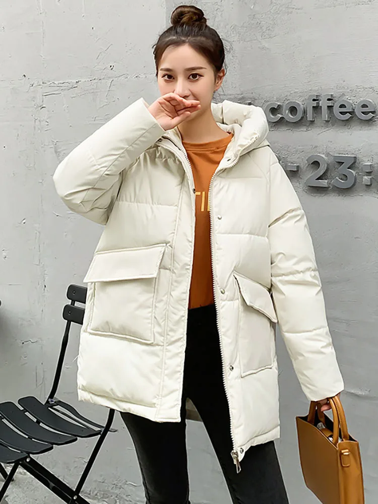 

Winter Thick Warm Women's Parkas Korean Fashion Jackets for Woman Causal Solid Black Bread Coats Brand Hooded Mid-Length Parka