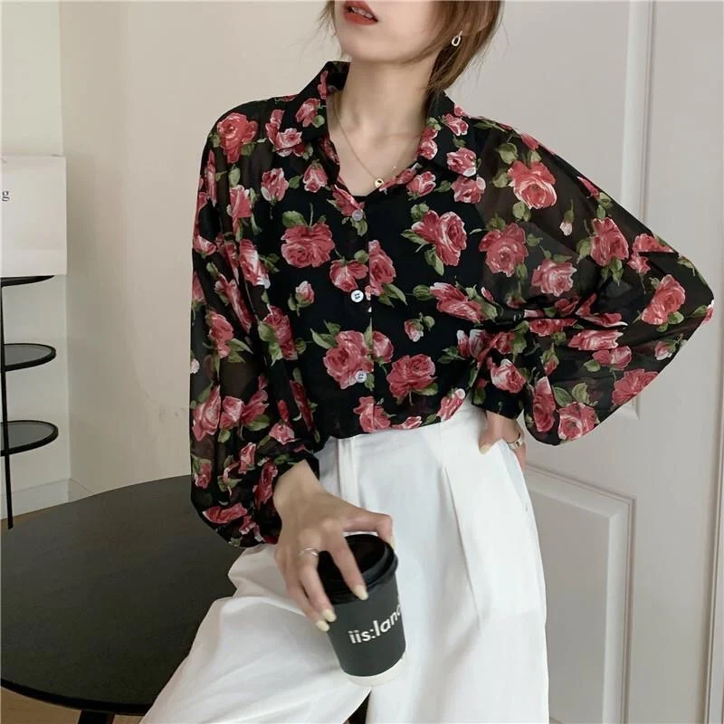 Women Summer Fashion Floral Blouses Tops Lady Retro Casual Long Sleeve Rose Printed Button Up T-Shirt Korean Japanese Trendy
